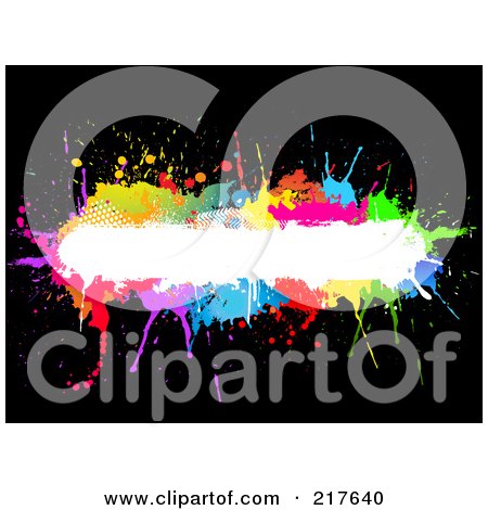 Royalty-Free (RF) Clipart Illustration of a White Text Bar Bordered In Colorful Splatters On Black by KJ Pargeter