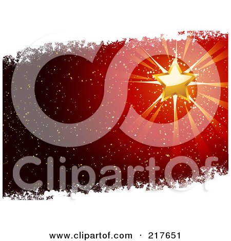 Royalty-Free (RF) Clipart Illustration of a Shining Gold Christmas Star On A Snowy Red Background With Grungy White Borders by elaineitalia