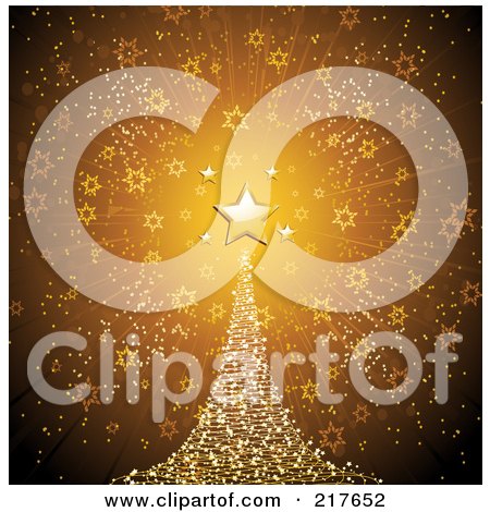 Royalty-Free (RF) Clipart Illustration of a Golden Star Atop A Sparkly Christmas Tree On A Gold Star Burst Background by elaineitalia