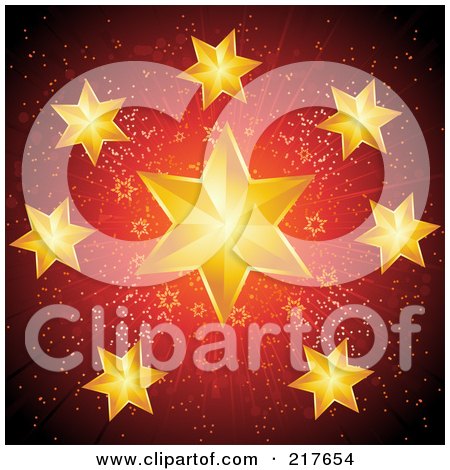 Royalty-Free (RF) Clipart Illustration of a Burst Of Golden Christmas Stars Over Red With Gold Speckles by elaineitalia