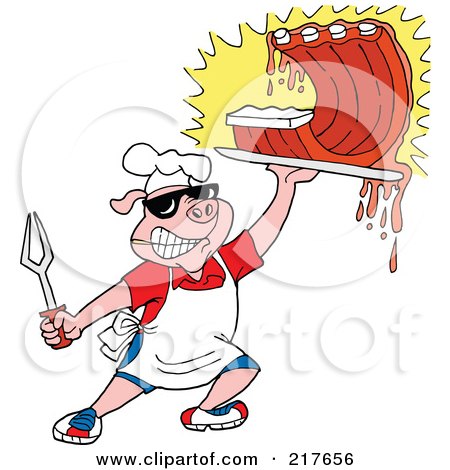 Royalty-Free (RF) Clipart Illustration of a Bbq Pig Carrying Dripping Ribs by LaffToon