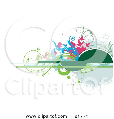 Clipart Picture Illustration of Blue, Pink And Green Curly Vines Over Green Half Circles And Lines On A White Background by OnFocusMedia