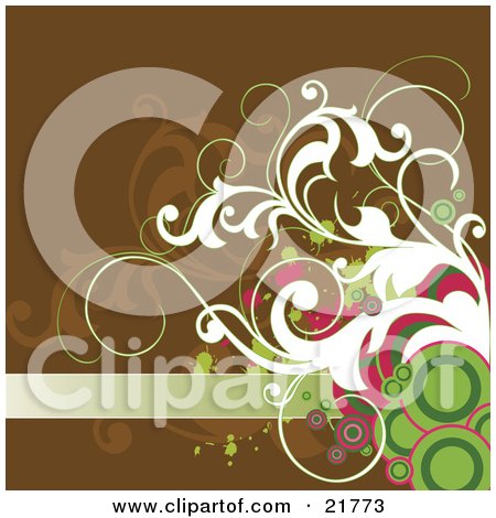 Clipart Picture Illustration of a Blank Green Text Bar With Pink, Green And White Circles, Splatters And Vines On A Brown Background by OnFocusMedia