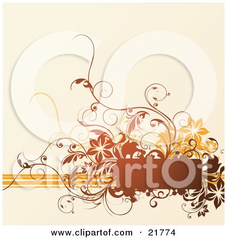 Clipart Picture Illustration of a Brown Blank Text Space With Orange And Brown Lines And Flowers Over A Tan Background by OnFocusMedia
