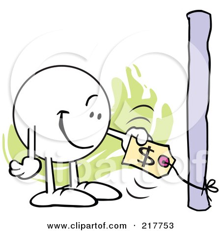 Royalty-Free (RF) Clipart Illustration of a Moodie Character Checking A Low Price Tag by Johnny Sajem
