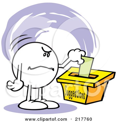 Royalty-Free (RF) Clipart Illustration of a Moodie Character With An Angry Expression, Putting A Comment In A Suggestion Box by Johnny Sajem