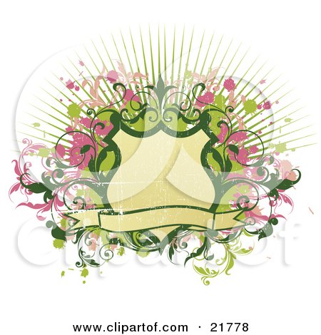 Clipart Picture Illustration of a Blank Tan Banner And Shield With Green And Pink Splatters And Vines Over A Bursting Background On White by OnFocusMedia