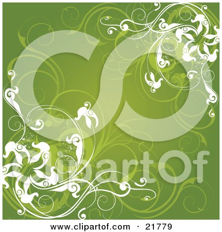 Clipart Picture Illustration of Curling Green And White Flowers And Vines Over A Green Background by OnFocusMedia