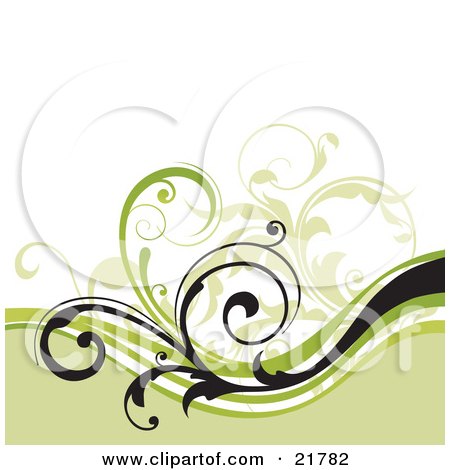 Clipart Picture Illustration of Green And White Waves Under Black And Green Curly Vines On A White Background by OnFocusMedia