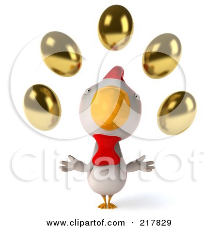Royalty-Free (RF) Clipart Illustration of a 3d White Chicken Facing Front And Looking Up At Golden Eggs by Julos