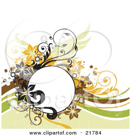 Clipart Picture Illustration of a Blank White Text Circle With Green, Orange, Black And Brown Flowers, Circles And Vines On A White Background by OnFocusMedia