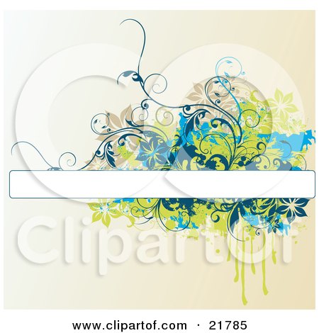 Clipart Picture Illustration of a Blank White Text Box With Brown, Blue And Green Splatters, Flowers And Vines Over A Gradient Background by OnFocusMedia