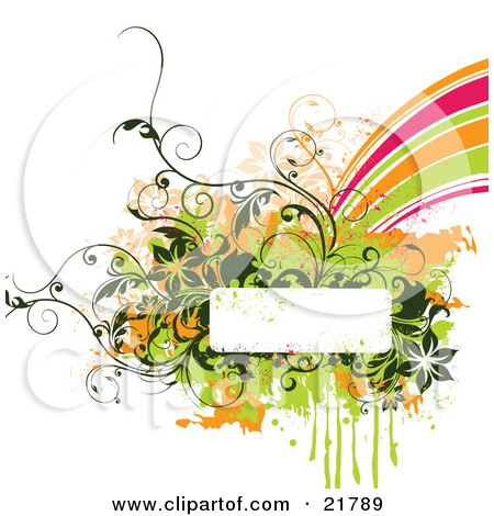 Clipart Picture Illustration of a White Text Box With Green, Brown And Orange Paint Splatters, Flowers And Vines And A Rainbow On A White Background by OnFocusMedia