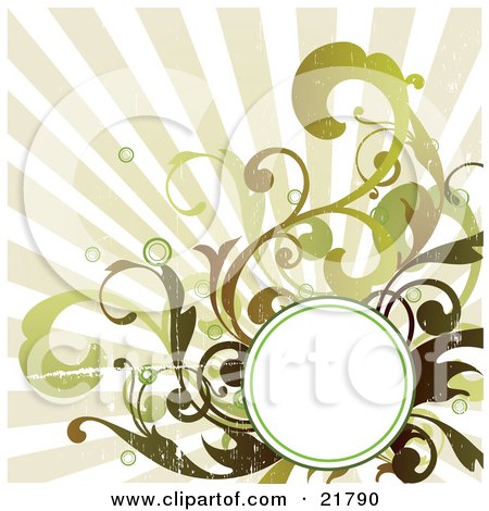 Clipart Picture Illustration of a Blank White Circle For Text Space With Brown And Green Circles And Vines Over A Bursting Background by OnFocusMedia