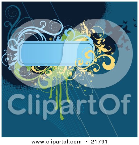 Clipart Picture Illustration of a Blue Text Box With Blue, Green, Black And Yellow Splatters, Vines And Butterflies On A Deep Blue Background by OnFocusMedia
