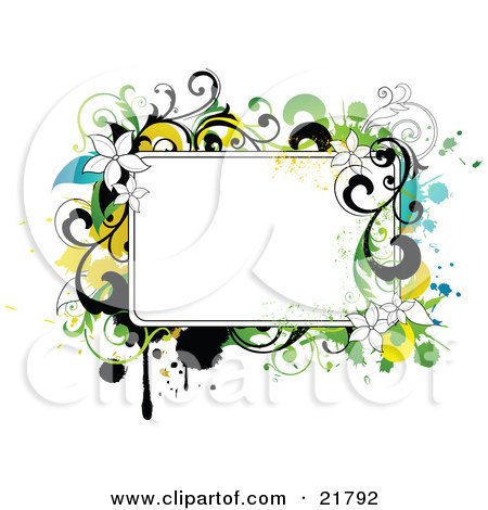 Clipart Picture Illustration of a Blank White Text Box With White, Yellow, Black And Green Splatters, Flowers And Vines by OnFocusMedia