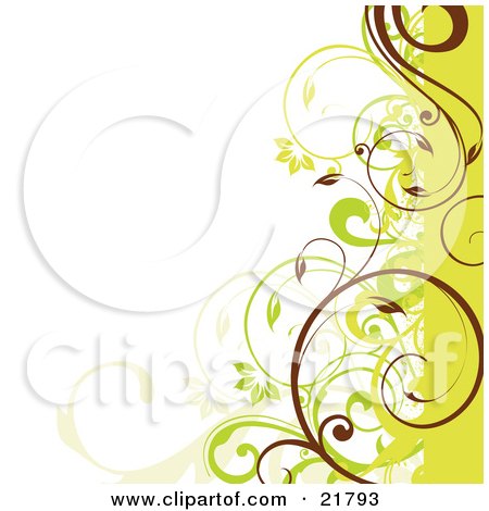 Clipart Picture Illustration of a White Background With Green, Brown And Yellow Curling Floral Vines by OnFocusMedia