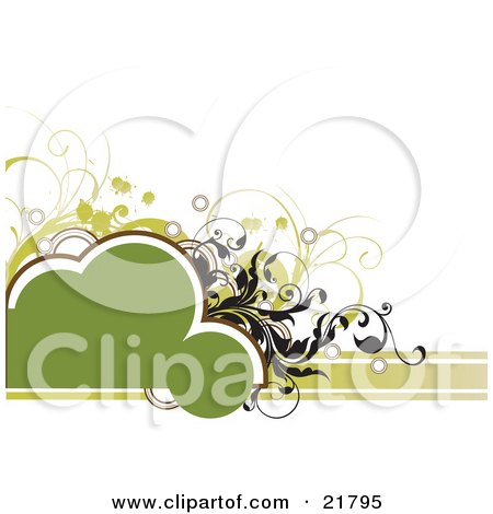 Clipart Picture Illustration of a Blank Green Text Space Cloud With Black And Green Circles, Splatters And Vines On A White Background by OnFocusMedia