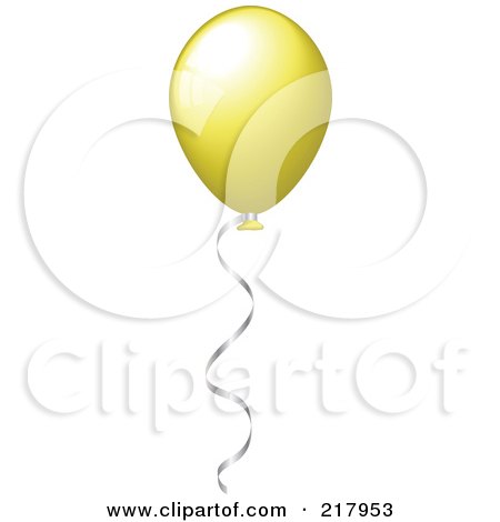 Royalty-Free (RF) Clipart Illustration of a Shiny Yellow Party Balloon Floating With Helium, A Silver Ribbon Attached by KJ Pargeter