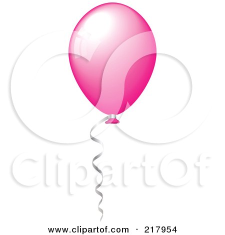 Royalty-Free (RF) Clipart Illustration of a Shiny Pink Party Balloon Floating With Helium, A Silver Ribbon Attached by KJ Pargeter