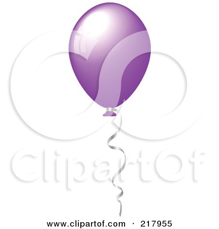 Royalty-Free (RF) Clipart Illustration of a Shiny Purple Party Balloon Floating With Helium, A Silver Ribbon Attached by KJ Pargeter