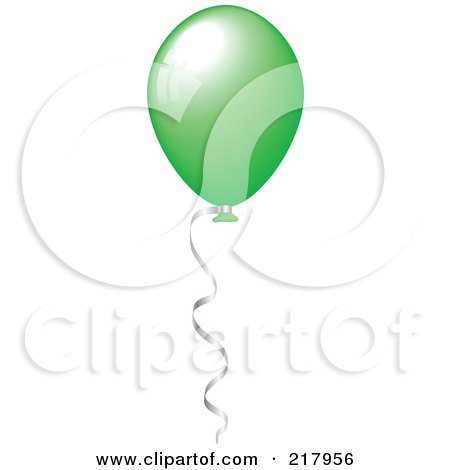 Royalty-Free (RF) Clipart Illustration of a Shiny Green Party Balloon Floating With Helium, A Silver Ribbon Attached by KJ Pargeter