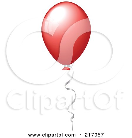 Royalty-Free (RF) Clipart Illustration of a Shiny Red Party Balloon Floating With Helium, A Silver Ribbon Attached by KJ Pargeter