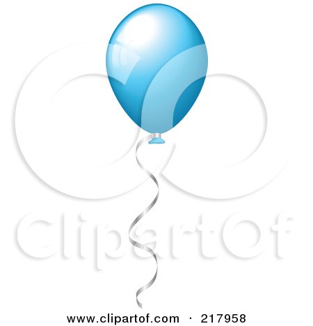 Royalty-Free (RF) Clipart Illustration of a Shiny Blue Party Balloon Floating With Helium, A Silver Ribbon Attached by KJ Pargeter