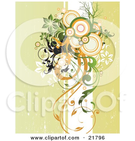 Clipart Picture Illustration of a White Vertical Line With Green, Black And Orange Flowers, Circles And Trees Over A Grunge Background by OnFocusMedia