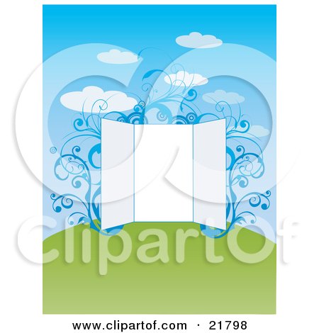Clipart Picture Illustration of a Blank Open Presentation Board With Blue Vines On A Green Hill Under A Cloudy Blue Sky by OnFocusMedia