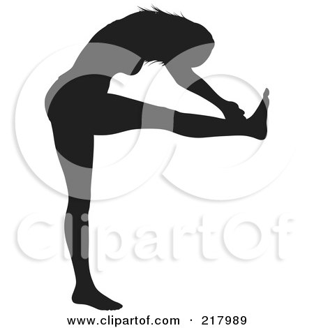 Royalty-Free (RF) Clipart Illustration of a Black Silhouetted Woman Doing A Yoga Pose, One Leg Up, Leaning Forward by KJ Pargeter