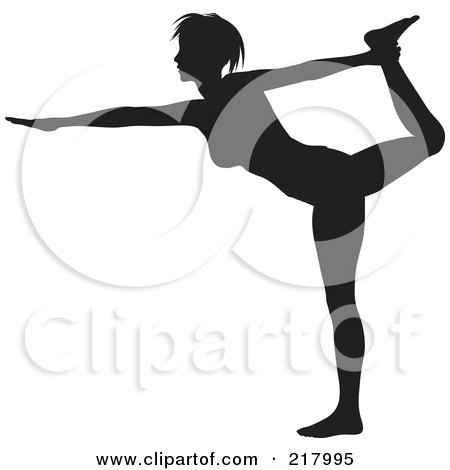 Royalty-Free (RF) Clipart Illustration of a Black Silhouetted Woman Doing A Yoga Pose, Holding Her Leg Up And Reaching Out by KJ Pargeter