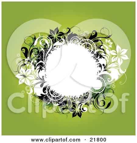 Clipart Picture Illustration of a White Circle Text Space With White, Black And Green Vines, Flowers And Circles On A Green Background by OnFocusMedia