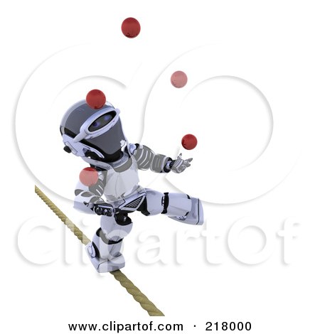 Royalty-Free (RF) Clipart Illustration of a 3d Robot Juggling And Walking A Tight Rope by KJ Pargeter