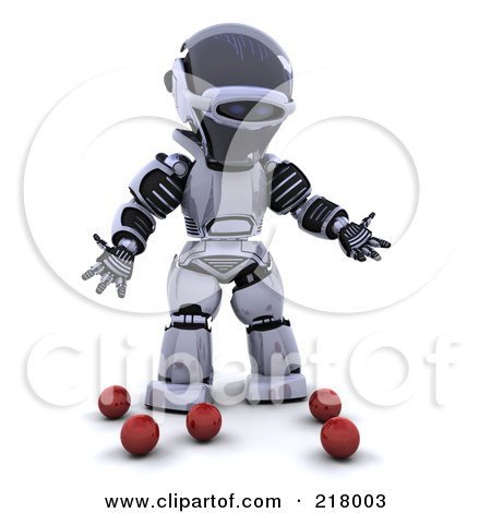Royalty-Free (RF) Clipart Illustration of a 3d Robot Standing By Dropped Juggling Balls by KJ Pargeter