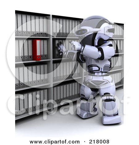 Royalty-Free (RF) Clipart Illustration of a 3d Robot Filing Away Binders by KJ Pargeter