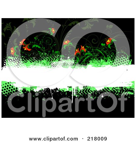 Royalty-Free (RF) Clipart Illustration of a Blank Grungy Bar Bordered In Green Halftone With Red Flowers On Black by KJ Pargeter