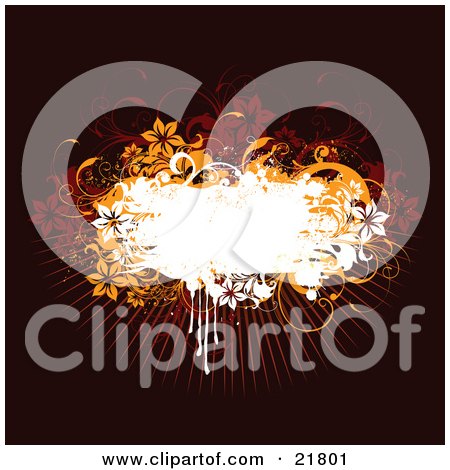 Clipart Picture Illustration of a White Text Box With Orange And Red Flowers And Vines Over A Burst And Brown Background by OnFocusMedia