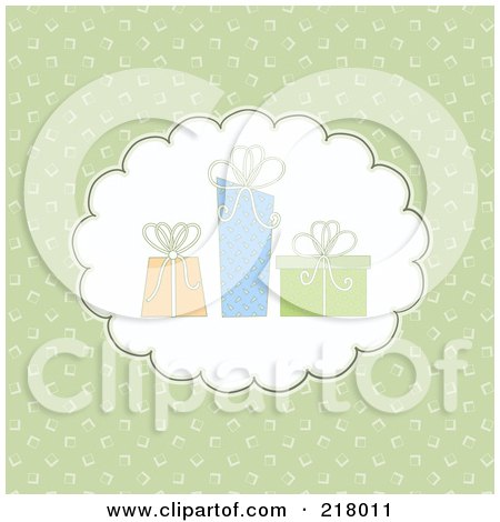 Royalty-Free (RF) Clipart Illustration of a Green Background With A Cloud And Three Gifts by KJ Pargeter