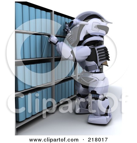 Royalty-Free (RF) Clipart Illustration of a 3d Robot Selecting A Binder From Archives by KJ Pargeter