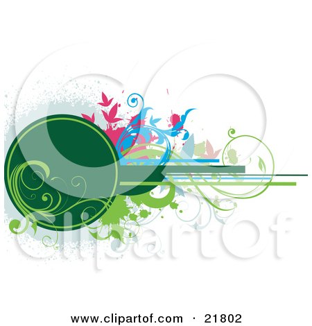 Clipart Picture Illustration of Pink, Green, And Blue Vines Over A Green Circle And Lines, Over White by OnFocusMedia
