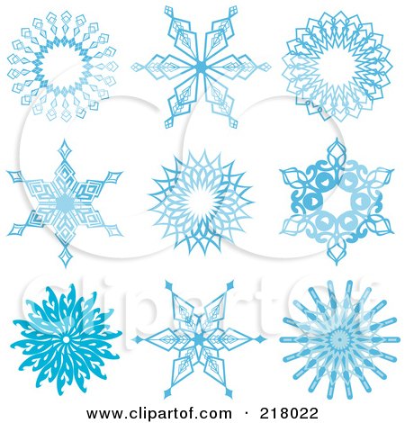 Royalty-Free (RF) Clipart Illustration of a Digital Collage Of Beautiful Ornate Blue Icy Snowflake Design Elements by KJ Pargeter