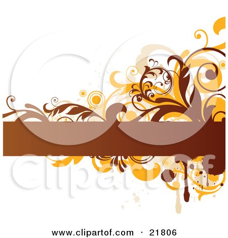 Clipart Picture Illustration of a Blank Brown Text Bar With Orange And Brown Splatters, Circles And Vines On A White Background by OnFocusMedia