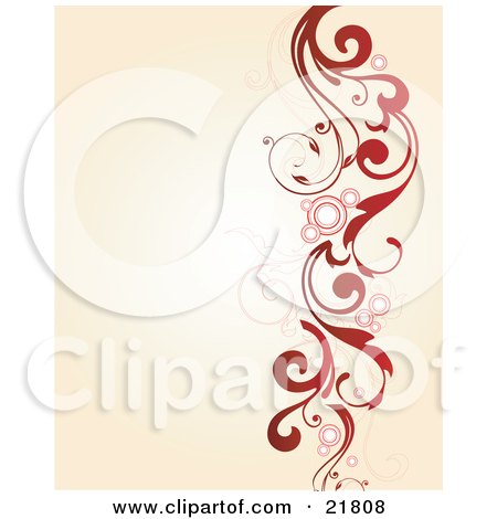 Clipart Picture Illustration of a Vertical Red Leafy Vine With Circles And Leaves Over A Gradient Tan Background by OnFocusMedia