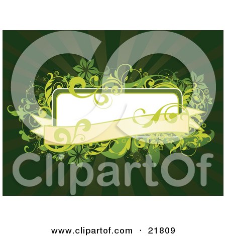 Clipart Picture Illustration of a White Text Box With A Yellow Banner And Green Flowers And Scrolls On A Bursting Green Background by OnFocusMedia