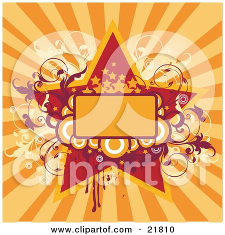 Clipart Picture Illustration of an Orange Text Box With Purple, Yellow And Orange Circles And Vines Over A Yellow Star And Bursting Background by OnFocusMedia