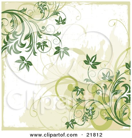 Clipart Picture Illustration of Corners Of Dark Leafy Plants And Curly Vines Over A White And Tan Background by OnFocusMedia