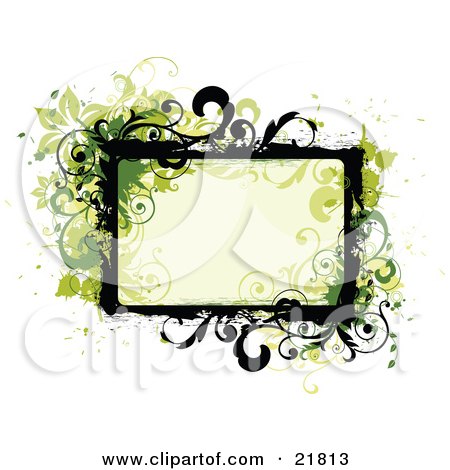 Clipart Picture Illustration of a Pale Green Text Box With Green And Black Frames And Flowers On A White Background by OnFocusMedia