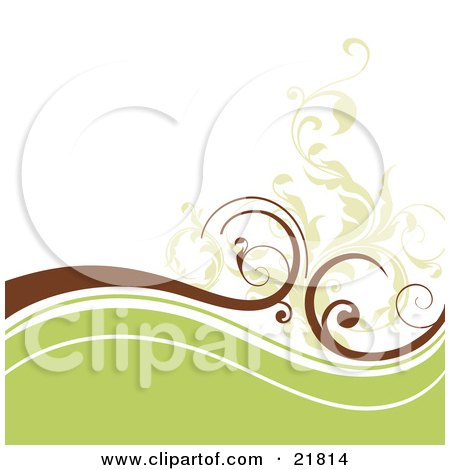 Clipart Picture Illustration of Green And White Waves With Brown And Leafy Vines Over White  by OnFocusMedia