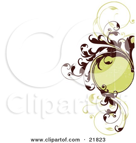 Clipart Picture Illustration of a Blank Green Circle With Elegant Brown And Green Leafy Vines Over A White Background by OnFocusMedia
